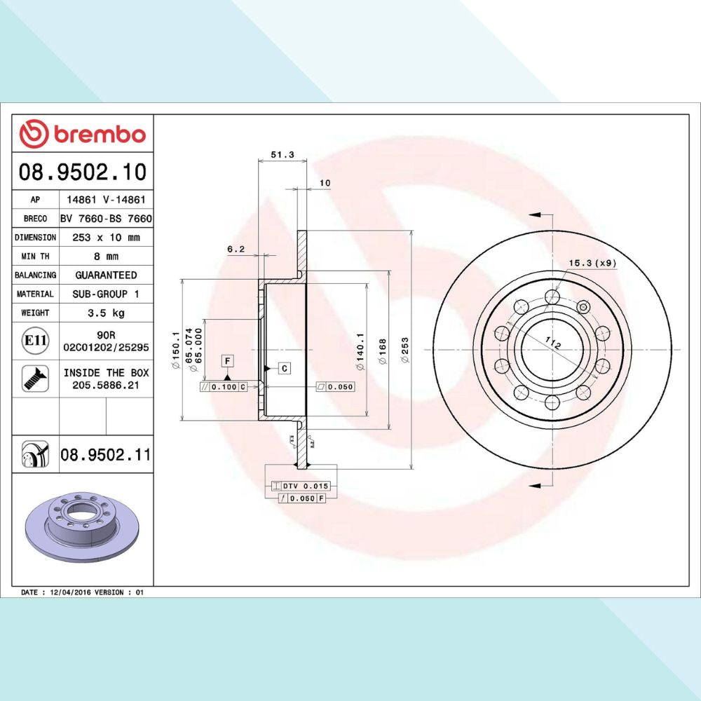 Brembo 08.9502.11 Kit Dischi Freno Verniciato Lato Posteriore per Audi Seat Skoda VW (10155626299729)