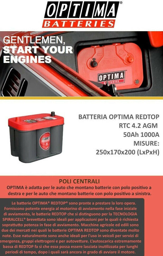 Batterie Optima Red Top RTC4.2 Rossa 50 Ah 1000 A per Freemont Jeep (6656049315998)
