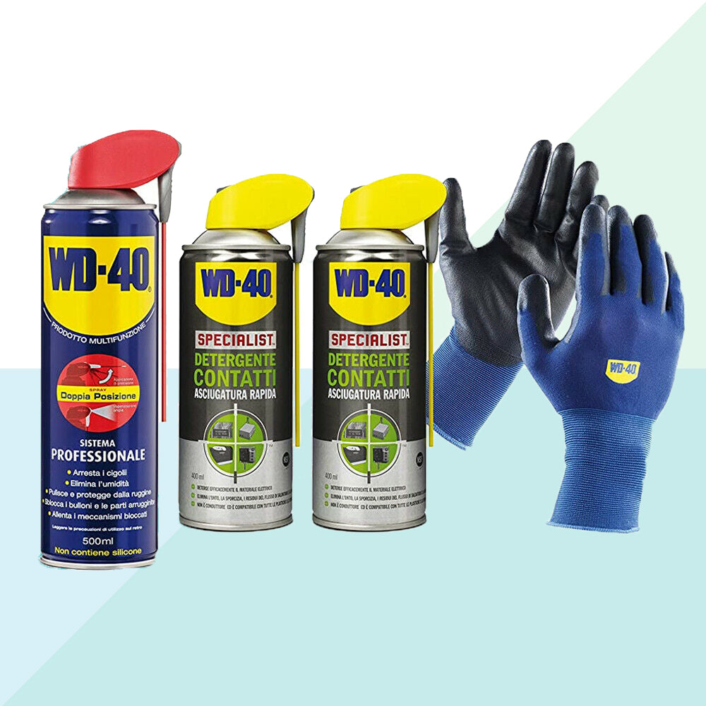 WD-40 Kit Manutenzione Settore Elettrico 2 Detergenti Contatti 1 WD 40 + Guanti 39134/75 + 39376x2 + guanti (6058324623518)