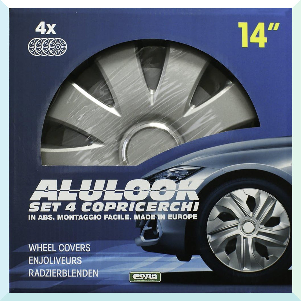 Set Box 4 Copricerchi Universali ABS Cerchi Ruote 14" Pollici Alulook Aura Cora (8843688051025)