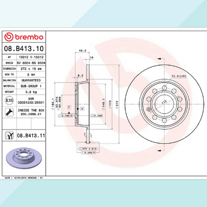Brembo 08.B413.10 Kit Dischi Freno per Audi Seat Volkswagen Skoda Cupra (9937345806673)