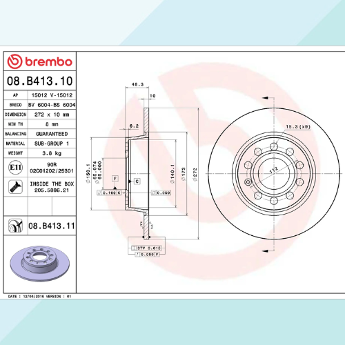 Brembo 08.B413.10 Kit Dischi Freno per Audi Seat Volkswagen Skoda Cupra (9937345806673)