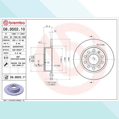 Brembo 08.9502.11 Kit Dischi Freno Verniciato Lato Posteriore per Audi Seat Skoda VW (10155626299729)